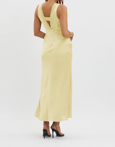 BAGONE Summer Satin Lace V Neck Backless Wedding Guest Maxi Dresses for Women Elegant Sleeveless Open Back Cocktail Dress2