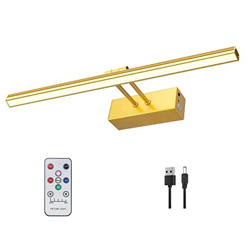 FUNCHDAY Picture Light,5000mAh Battery Operated Picture Light for Wall,Wireless Remote Painting Light with Timer and Dimmable,16”Metal Art Light for Display,Wall,Artwork,Portrait,Gallery -Brass
