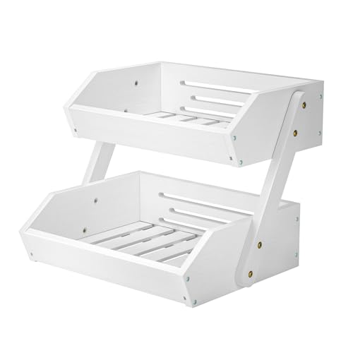 CALM COZY 2 Tier Bamboo Fruit Basket for Kitchen, Vegetables Storage Stand Detachable Holder for Fruits Veggies Bread Snacks in Home, Kitchen Office, White