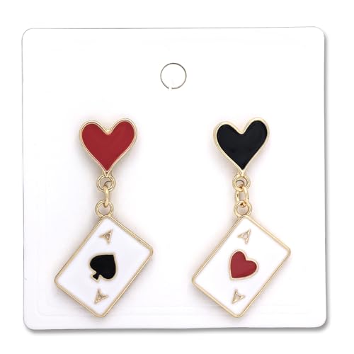 JAJAFOOK 18K Gold Plated Asymmetric Poker Drop Earrings Red Heart Queen & Black Spade Ace Design, Lightweight Novelty Jewelry for Casino Night & Costume by JAJAFOOK - Used condition - Image 3