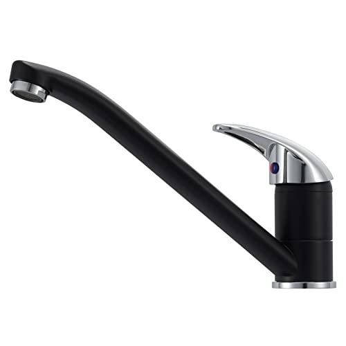 Grifos de cocina cromados negros de largo alcance Mighbow monomando para fregadero de cocina 1 agujero monobloque arco bajo 360 ° giratorio para cocina Cover