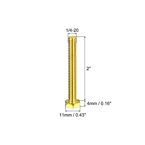 Image of uxcell Brass Hex Bolts, 1 /4-20x2 1pcs Fully Thread Grade 4.8 Solid Brass Hexagon Head Bolt Machine Screws for Machinery