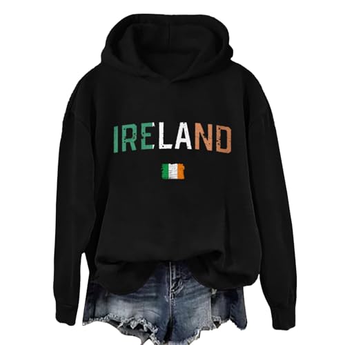Genérico Camiseta Termica Mujer Cuello 𝐏ico Women's St. Day Print Long Sleeved Pullover Hooded Solid Color Hoodie 𝐉ersey Corazones Mujer (Black, XXL)