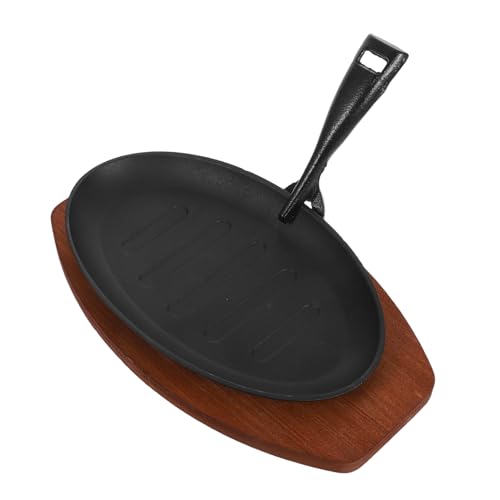 SMASOLO Padella Ghisa per Bistecca con Design Righe Resistente Alte Temperature Versatile Forno e Grill Esterno Facile Pulizia con Vassoio Legno e Forchetta per Servizio Caldo