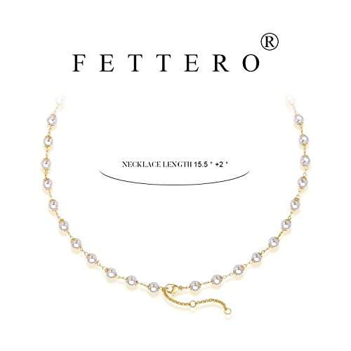 Fettero Pearl Choker Dainty Adjustable Necklace - 14K Gold Plated Cultured Tiny Station Chain Delicate Mother's Valentine Jewelry For Women #TOP4