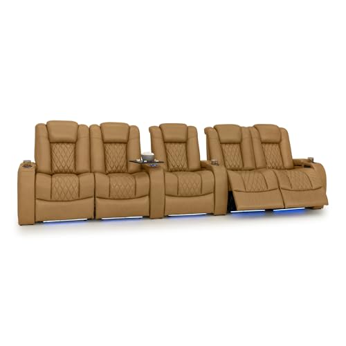 Image of Seatcraft Diamante Tan Oak Italian Leather Home Theater Seating, Zero Gravity Power Recliner Gaming and Home Office Chair Powered Headrest Lounge Sofa Furniture for Cinema Room Row of 5 Dual Loveseats