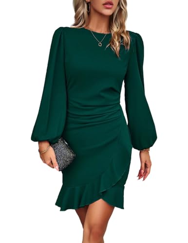 HUXRAKV Vestido Mujer Elegante Manga Larga Casual Vestido De Volante Dobladillo Vestidos para Invitada Coctel,A-Verde,M