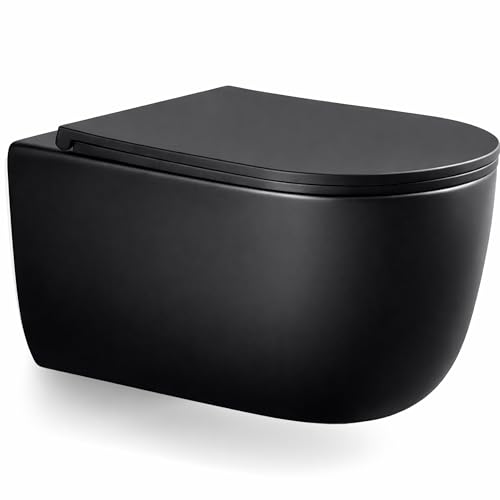 LARDECOR - Kompaktes Wand-WC Spülrandlos Rimless - Keramik Hänge-WC mit UF Hartdeckel Sitz Extraflach Soft-Close Absenkautomatik - Einfachspülung Wassersparend - 530x365x365 mm (Schwarz)