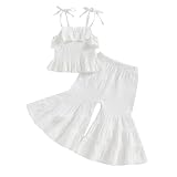 Kavousa Toddler Baby Girl Smocked Outfit Ruffle Halter Shirt Flared Pants Set Toddler Bell Bottom Outfit Summer Clothes (White, 2-3T)