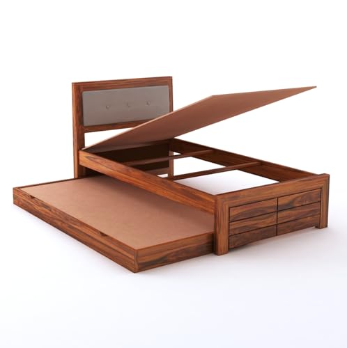 Image of Ganpati Arts Sheesham Wood Euro Single Size Trundle Bed with 1 Extra Pullout Bed for Bedroom Living Room Hostel Home (Natural Finish)