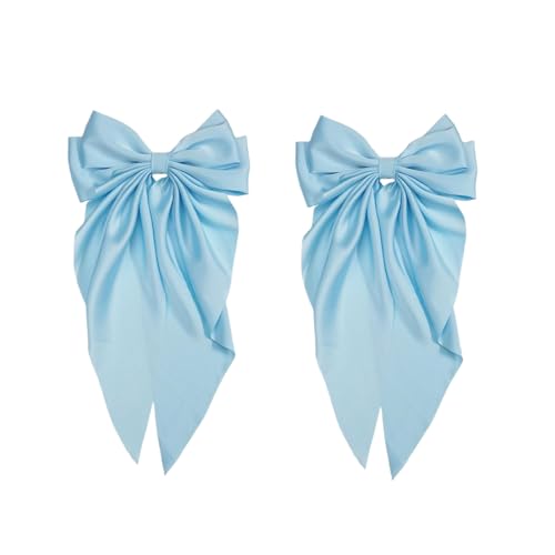 2 Pcs Light Blue Jumbo Silky Satin Bow Clip Hair Barrettes with Long Tails - Large French Metal Bowknot Hairpins for Girls