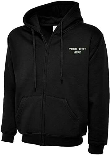 Image of Personalised Embroidered Your Text Classic Full Zip Hooded Sweatshirt Sports Casual Workwear Unisex Adult Gift Top(XL, Black)