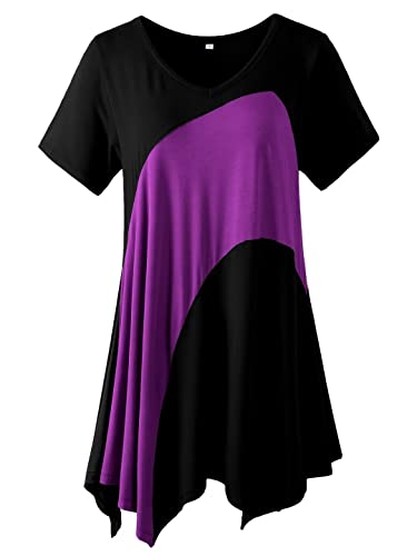 Larace Asymmetrical Tops For Womens Summer Clothes Color Block Short Sleeve Shirts Plus Size Tunic Tops To Wear With Leggings(Black 4X) #TOP4