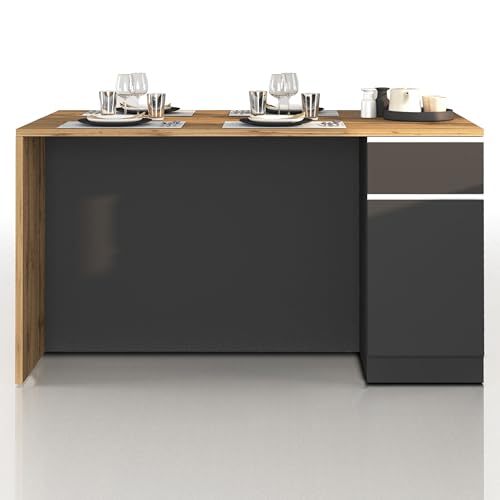 WHOUS Isola Cucina SOLE con 2 Ante e 2 Cassetti, Tavolo da Pranzo e Piano di Lavoro, Ideale per Open Space e Spazi Ridotti, 160x90x90 cm, Antracite Opaco e Rovere