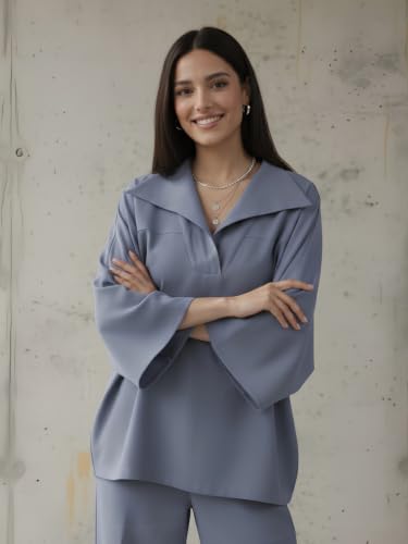 Image of GRECIILOOKS Co Ord Set for Women Stylish | Linen Chex Woman's Oversized Top and Wide Leg Pants Sets | Casual Travel Airport Outfit | Dress for Woman