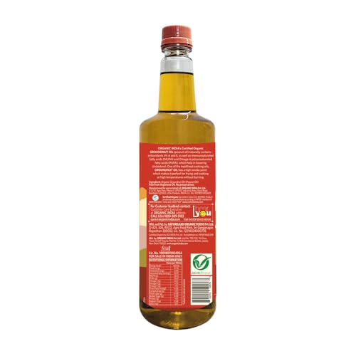 Image of Organic India Groundnut (Peanut) Oil, 1000ml | Cold Pressed Unrefined Organic Oil with Natural Flavour | Certified Organic and Lab Tested on 250+ Parameters | Perfect for Daily Cooking | Natural Aroma and Taste