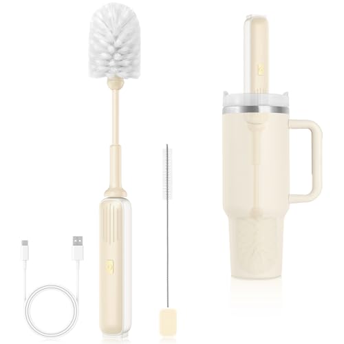 Water Bottle Brush, 14.7'' Electric Bottle Brush Cleaner for Tumblers, Mugs, Glasses, Jars & Stanley Cups – Rechargeable, 2 Speeds, Includes Straw Cleaner Brush, Effortless Cleaning, Cream