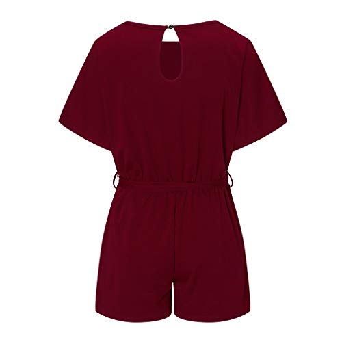 Womens Summer Belted Romper Keyhole Back Short Sleeve Jumpsuit Playsuit Casual Beach Vacation Travel Short Jumpers Outfits