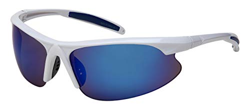 Edge I-Wear Sport Wrap Around Style Active UV Protection Sunglasses Color Mirrored Lens for Men Women (White Frame/Blue White Mirrored Lens, 75)