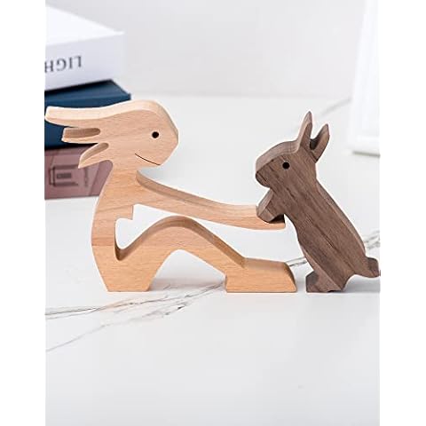 ISHINE Wood Decor Sculptures, Figurine for Home Decor Handmade Accents, Carved Creative Bunny Sculptures Collection, Gift for Child Girl Natural ECO Friendly (Girl+Bunny) Cover
