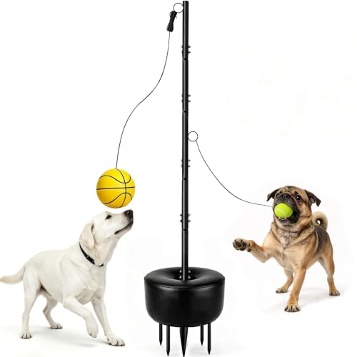 ElveBuka Tetherball Set Ball and Rope Tetherball for Dogs Kids Outside Backyard Equipment Tether Ball with Adjustable Height Pole Teatherball Tennis Water Weight Bag 5-Prong Ground Stake Base