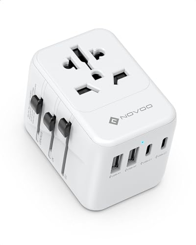 NOVOO Adaptador Enchufe Universal, Adaptador de Enchufe Universal Viaje PD 21W con 2 USB y 2 Tipo C, Travel Plugs para EU， USA, UK, NZ, Australia, China, Japón