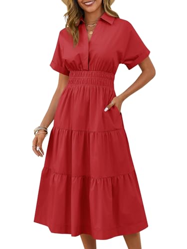 Wenrine Womens Summer Short Sleeve Maxi Dresses Casual V Neck Smocked Loose Tiered Flowy Shirt Dress with Pockets