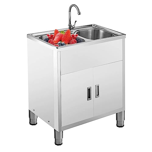 Outdoor Utility Sinks Stainless Steel Stand Alone Sink Double Bowl Sinks with Faucet and Drainer Unit with Storage Shelves for Restaurant Room Garage Basement Outdoor and,Hot and Cold-76x41x80CM