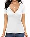 MANGOPOP Women's Cross Wrap Ruched Plunge Sexy Deep V Neck Slim Fit Short Sleeve T Shirt Tunic Tops Tee White
