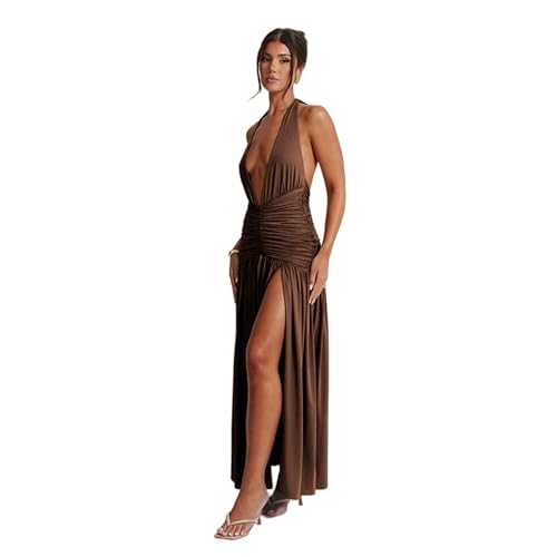 Image of ANKOMINA Women's Sexy V Neck Halter Backless Maxi Dress Ruched High Split Long Bodycon Dresses for Party Cocktail Evening