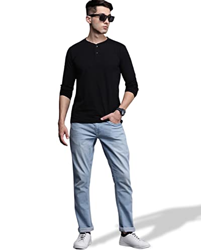 Image of Veirdo Black Full Sleeve Henley Neck Regular Fit Cotton T-Shirt for Men
