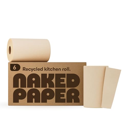 Naked Paper Unbleached Recycled Kitchen Roll (Pack of 6) Natural Kitchen Paper Super Strong and Absorbent 100 2-Ply Sheets Per Roll No Harsh Chemicals Sustainably Produced and Food-Safe