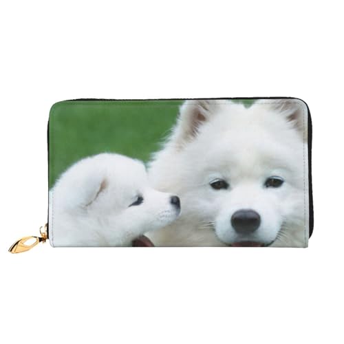 Portefeuille classique en cuir avec fermeture éclair pour homme et femme à motif chien blanc