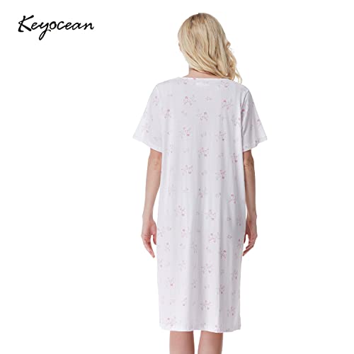 Keyocean Nightgown For Women, 100% Cotton Soft Lightweight Short Sleeves Ladies Sleeping Gown, Cream With Pink Floral, Medium #TOP1