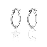 Asymmetrical Star Moon Dangle Hoop Earrings for Women Teen Girls S925 Sterling Silver White Gold Pla