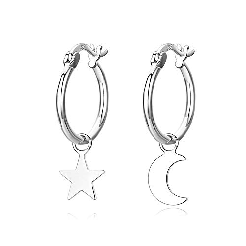 Asymmetrical Star Moon Dangle Hoop Earrings For Women Teen Girls S925 Sterling Silver White Gold Plated Charms Tiny Star Crescent Moon Drop Dangling Polished Cartilage Leverback Earrings Cute Jewelry #TOP25