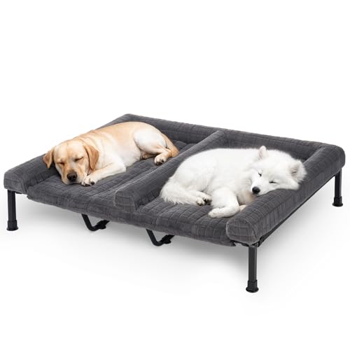 Veehoo Fluffy Plush Double Dog Couch Bed for Two Large Dogs Washable Elevated Dog Beds with Removable Bolster Cushion Cooling Raised Pet Cot with Breathable Mesh No-Slip Feet 59 x 37 inches Grey