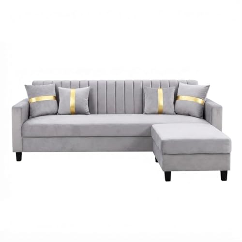 Image of CASASTYLE Korion 4 Seater L Shape Sofa Set with Movable Ottoman | Flexible Left or Right Layout | Cozy Velvet Fabric | Soft Touch Seating | Modern Designer Sofa for Living Room (Light Grey)