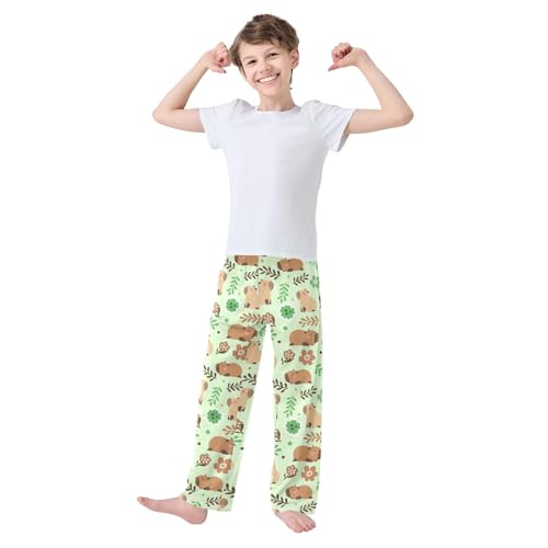Cute Capybara Green Flowers Cute Pajama Pants, Soft Sleepwear Lounge Pants Pajama Pj Bottoms for 6-14 Years2