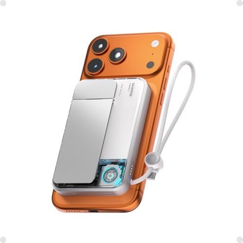 sharge ICEMAG 3 MagSafe Portable Charger, Qi2.2 25W Magnetic Power Bank 10000mAh with 35W Built-in Cable, Active Cooling& Foldable Stand, Transparent Design for iPhone 17/16 Series-White