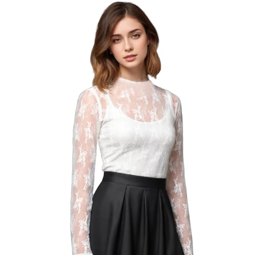 Mesh Oberteil Damen Sexy Oberteil Glitzer Netzoberteil Transparent Bluse Langarm Durchsichtiges Spitzentop Sheer Mesh Bluse für Party Club Festival, Weiß