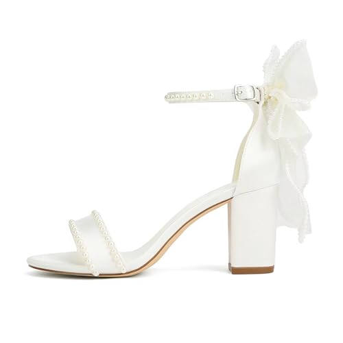 Pearl Heels Wedding Shoes for Bride Block Heel Bridal Shoes Bow Tie Heeled Sandals Wedding Heels3