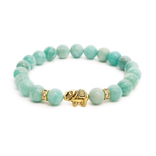 BERGERLIN Elefant Armband mit echten 8mm Naturstein Perlen und Kristall Highlights mit Echtheitszertifikat - Rosenquarz Amethyst Bergkristall Turmalin and Tigerauge Armband