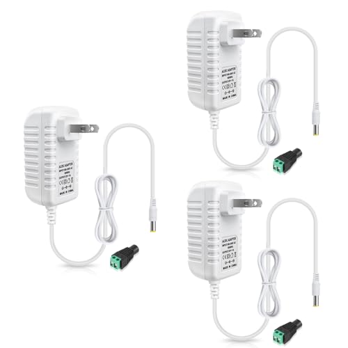 Image of 12V Power Supply, 12 Volt 1A 12W DC Power Supply, White LED Power Adapter, AC 110V to 12V Wall Mounted Transformer Plug for LED Strip Lights with 5.5 /2.1 DC Female Connector, 3 Pack