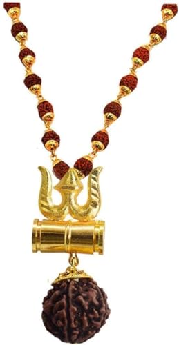 Generic Hari Darpan Golden Gold-Plated Brass, Wood Lord Shiv Trishul Damru Locket With Panchmukhi Rudraksha Mala For Men And Women