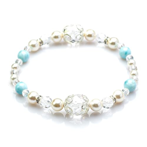 [京珠堂] パワーストーン レディース ブレスレット 天然石 64面水晶 パール 6ｍｍ 品質保証書 (ラリマー)