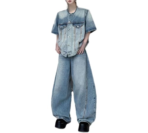 Pohullan Men Streetwear Two-Piece Sets Baggy Wide Leg Jeans Short Sleeve Button S Denim Coat