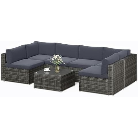 SUNVIVI OUTDOOR 7 Piece Patio Furniture Sets All Weather Gery PE Wicker Couch Sofa with Glass Table, Removable Dark Grey Cushions Cover