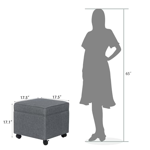 Adeco 17.5" Square Fabric Ottoman with Storage, Upholstered Cotton Linen Foot Rest, Flip Top Footstool, Small Cube Coffee Table Extra Seat for Living Room, Bedroom, Grey with Rolling Legs