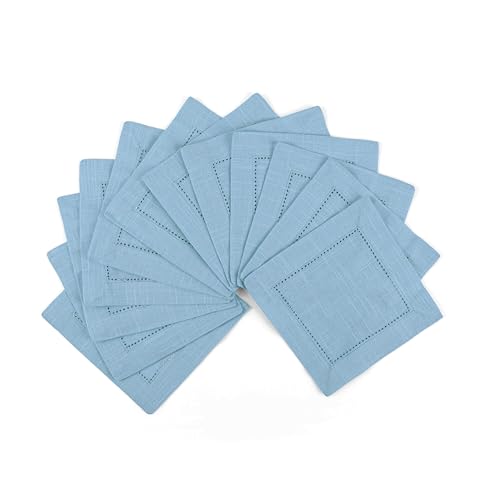 Image of Fingercraft Cotton Cocktail Napkins 6x6 Inches - Set of 12 Reusable Cloth Beverage Coasters with Elegant Ladder Hemstitch - Perfect for Parties, Bars & Home Use (Powder Blue Slub)